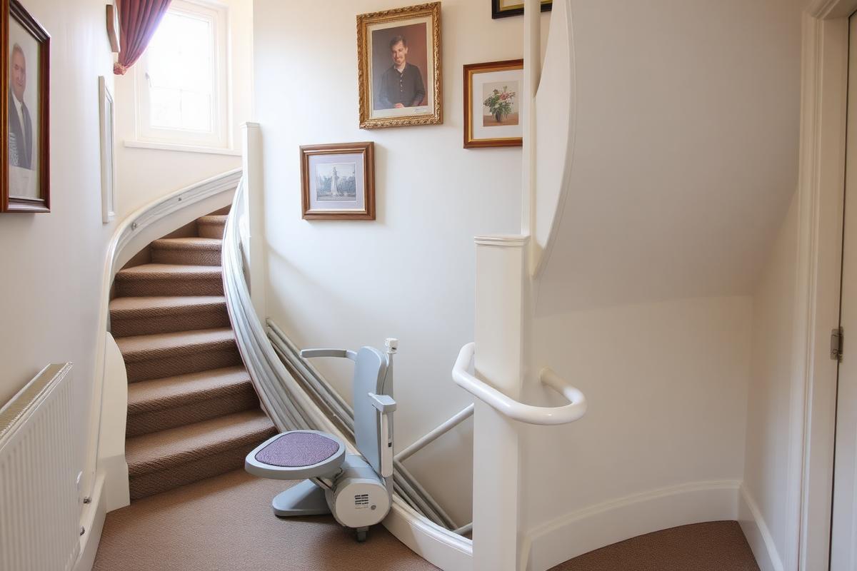 Curved stairlift fitted to a turning staircase in Swansea